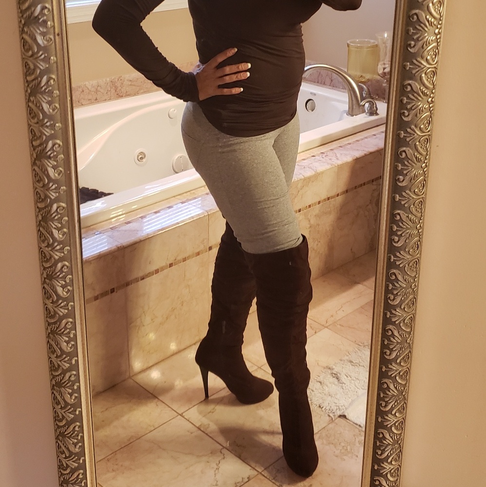 Brown Faux Suede thigh-hi STILLETO &Platform BOOTS